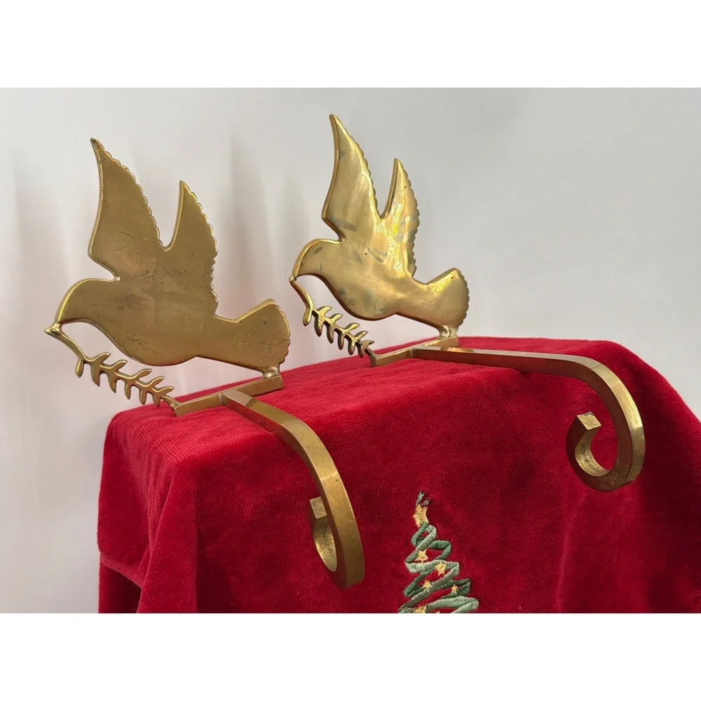 Vintage Solid Brass Dove of Peace Christmas Stocking Holders Pair Gold Mantel